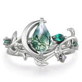 Sterling Silver 2CT Moss Agate  Engagement Wedding Ring Sets for Women