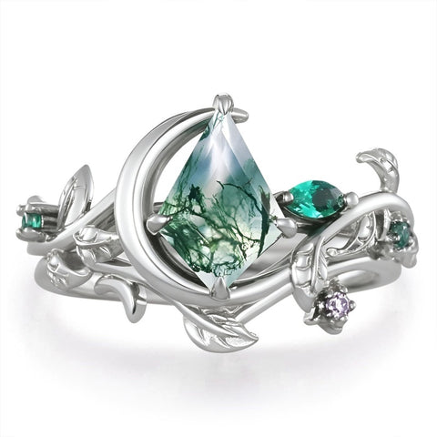 Sterling Silver 2CT Moss Agate  Engagement Wedding Ring Sets for Women