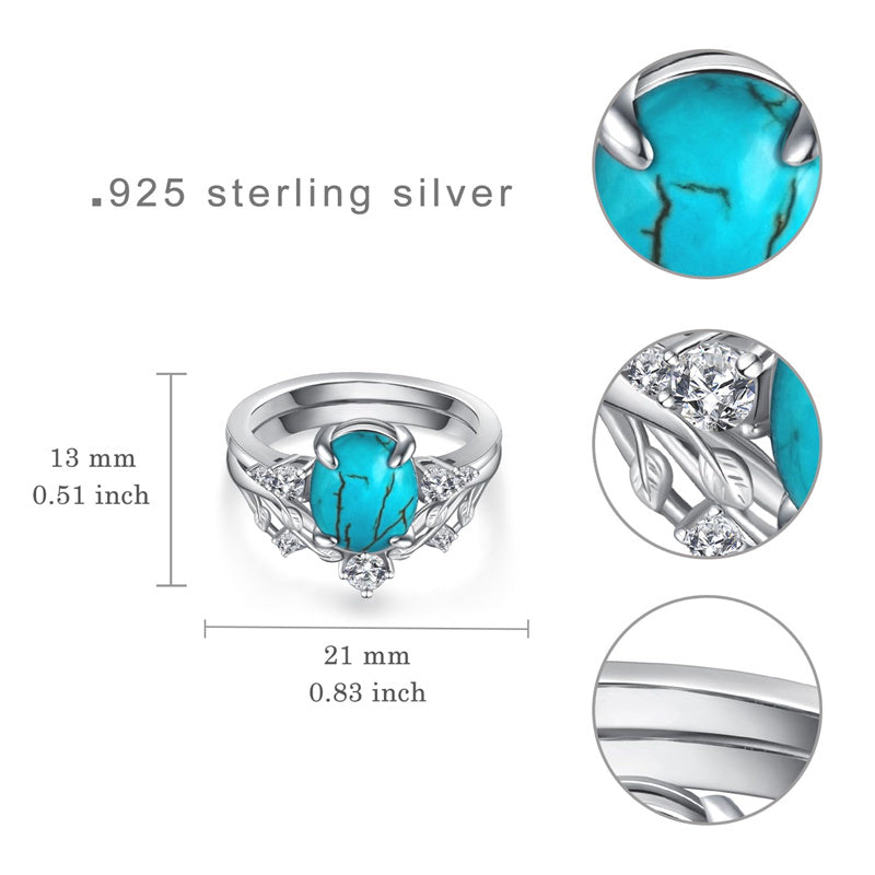 Sterling Silver Genuine Turquoise Engagement Wedding Ring Set for Women