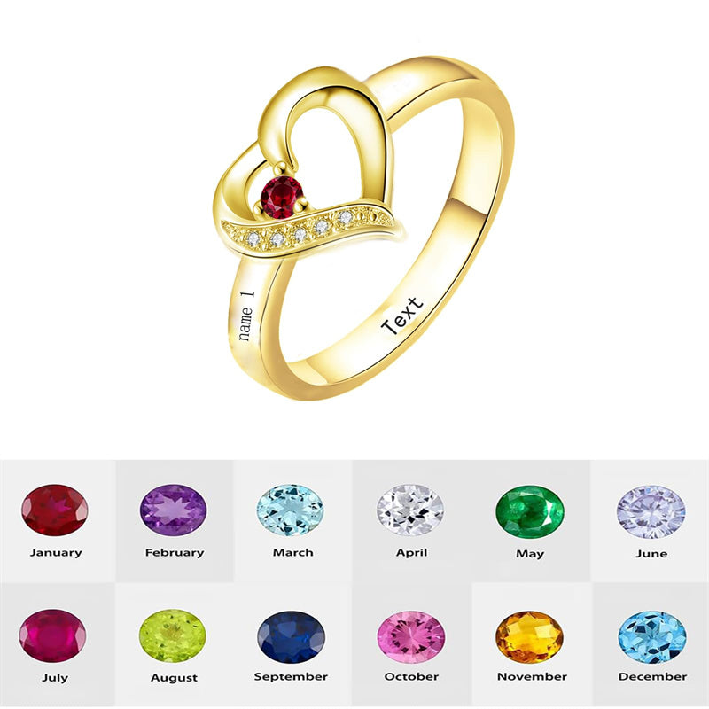 10K 14K 18K Gold Personalized 1-6 Stones Engraved Heart Mother Ring for Mother's Day