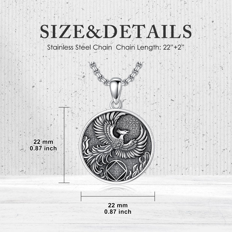 Sterling Silver Phoenix Rising Pendant Necklace NA/AA Sobriety Jewelry