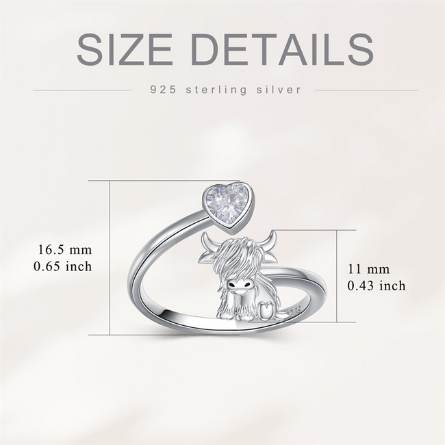 Highland Cow Open Ring 925 Sterling Silver Adjustable Cute Cow Rings Fluffy Highland Cow Ring with Loving Heart Highland Cow Jewelry