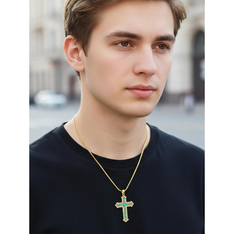 14K Gold Plated Turquoise  Abalone Shell Malachite Wood Filigree Cross Pendant Necklace