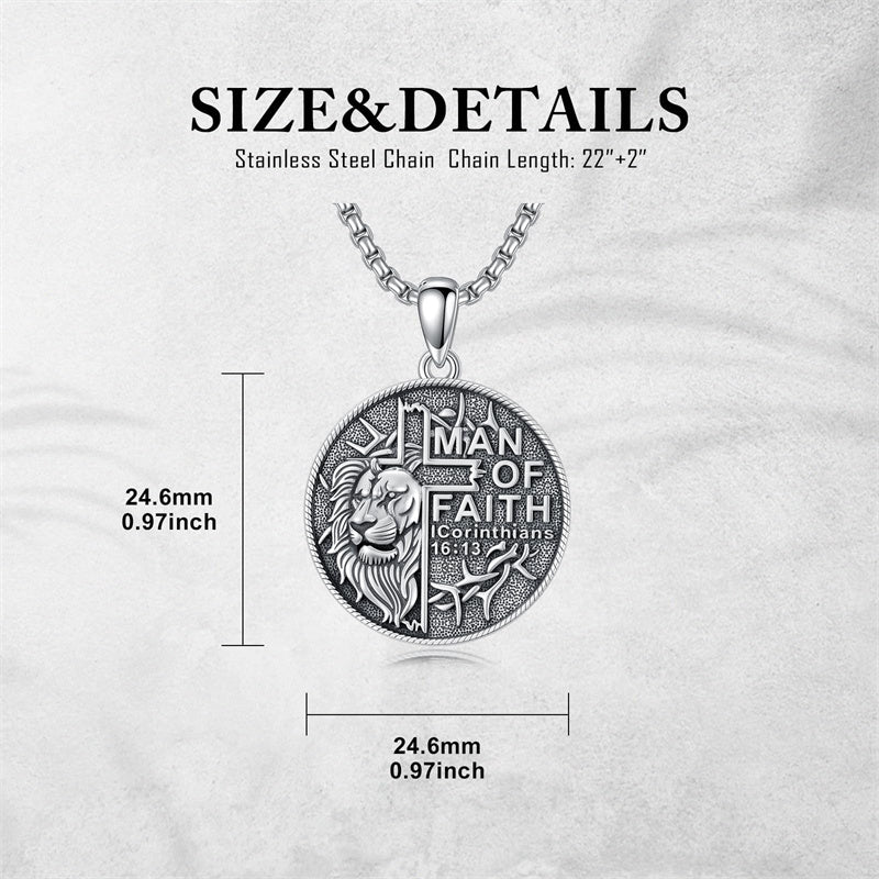 Sterling Silver Faith Bible Lion Pendant Necklace for Men