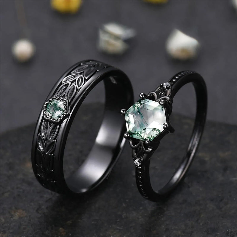 Sterling Silver 10K 14K 18K Gold Natural Leaf  Moss Agate Engagement Anniversary Couple Ring Sets