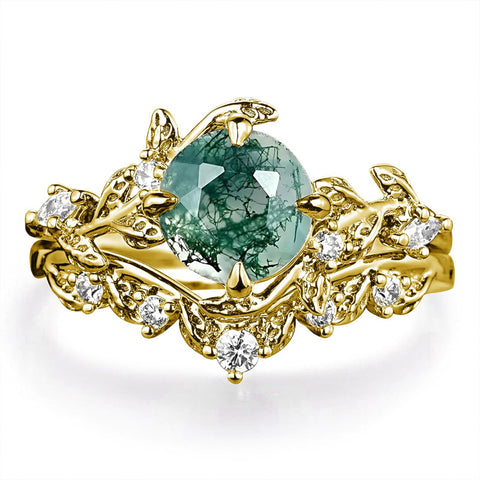 Sterling Silver 10K 14K 18K Gold 2CT Moss Agate Vine Leaf Women's Bridal Ring Sets for Wedding Engagement