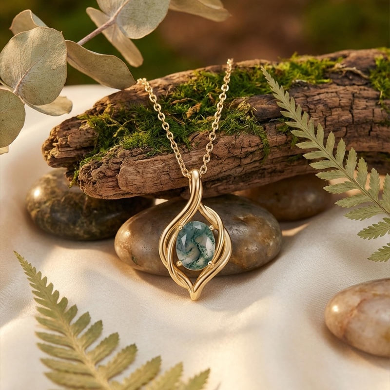 14K Gold Plated Moss Agate Pendant Necklace Boho Jewelry for Women