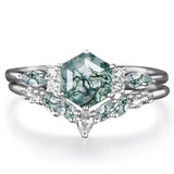 Sterling Silver 2CT Moss Agate  Engagement Wedding Ring Sets for Women