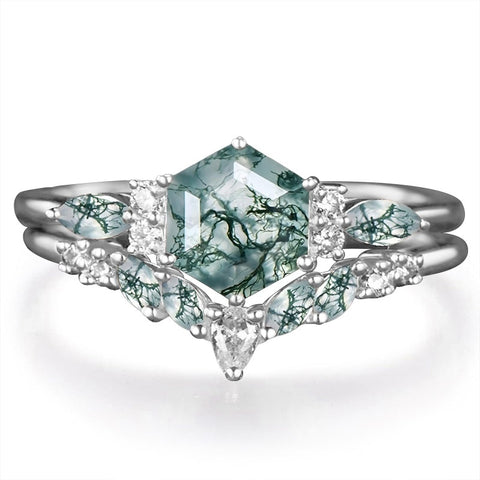 Sterling Silver 2CT Moss Agate  Engagement Wedding Ring Sets for Women