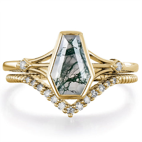 Sterling Silver 10K 14K 18K Gold 2CT Moss Agate Vine Leaf Women's Bridal Ring Sets for Wedding Engagement