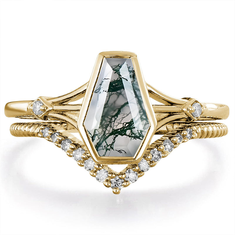 Sterling Silver 10K 14K 18K Gold 2CT Moss Agate Vine Leaf Women's Bridal Ring Sets for Wedding Engagement