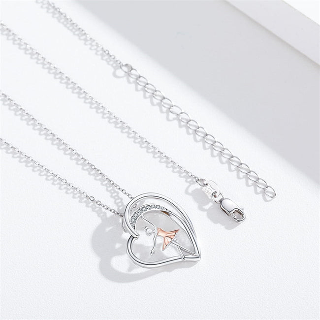 Ballet Heart Necklace S925 Sterling Silver Heart Pendant Necklaces Jewelry Gifts for Women Teen Girls Mum Girlfriends Birthday Gift