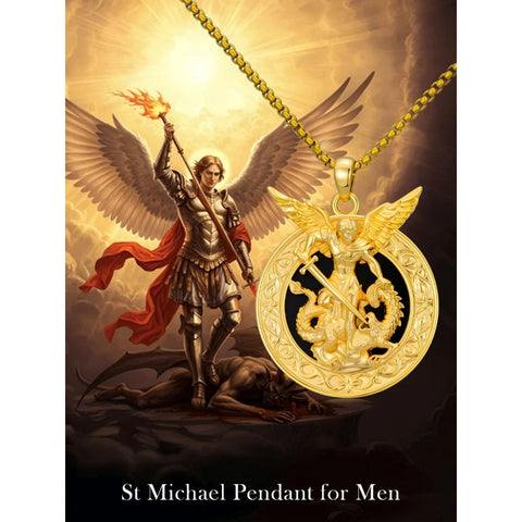 14K Gold Plated Black Onyx Patron Saint Medal Religious Amulet Pendant Necklace for Men