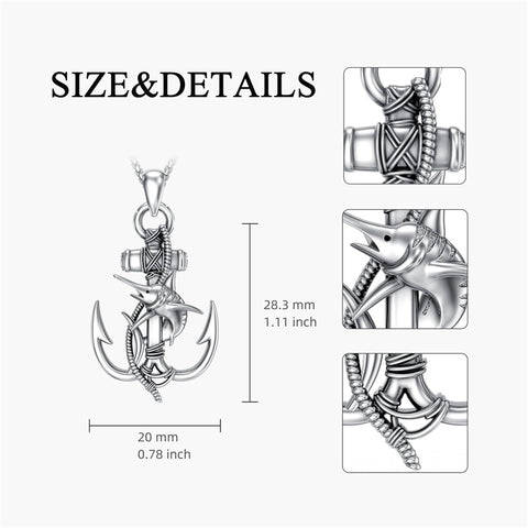 Sterling Silver Earth Swordfish Trident Compass Anchor Pendant Necklace