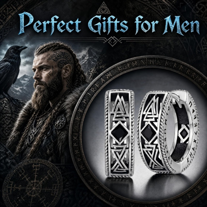 14K Gold Plated  Cubic Zircon Norse Viking Runes Hoop Earrings Viking Jewelry Gift for Men