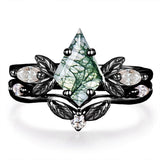 Sterling Silver 2CT Moss Agate  Engagement Wedding Ring Sets for Women