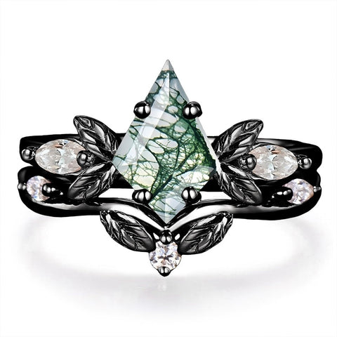 Sterling Silver 2CT Moss Agate  Engagement Wedding Ring Sets for Women