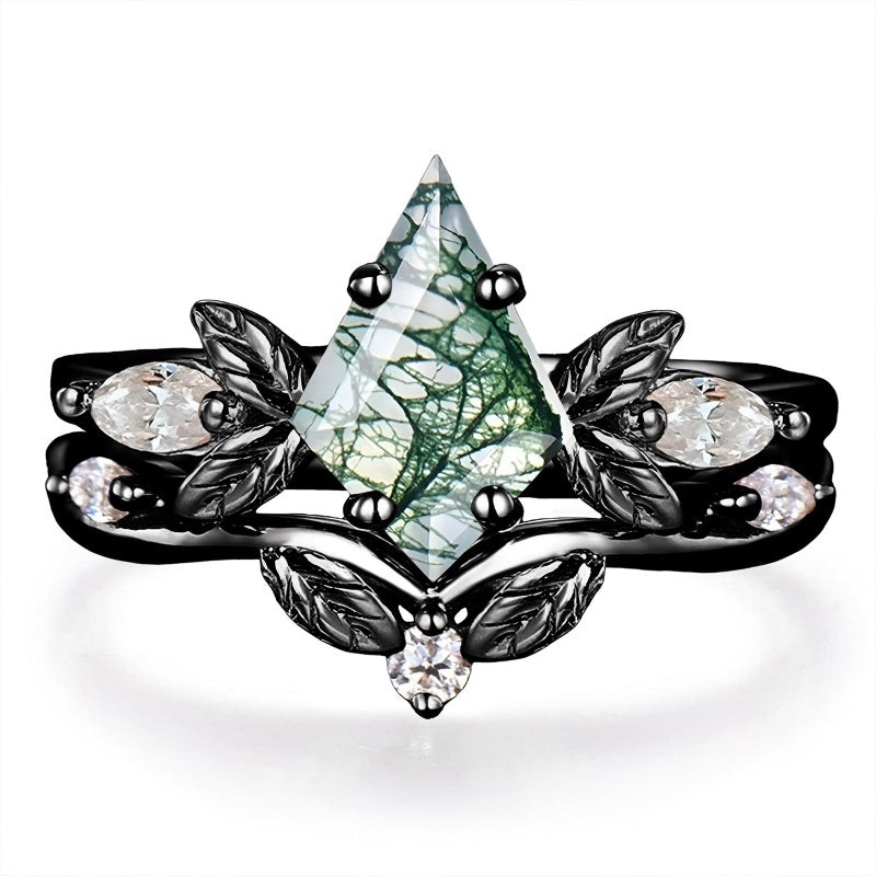 Sterling Silver 2CT Moss Agate  Engagement Wedding Ring Sets for Women