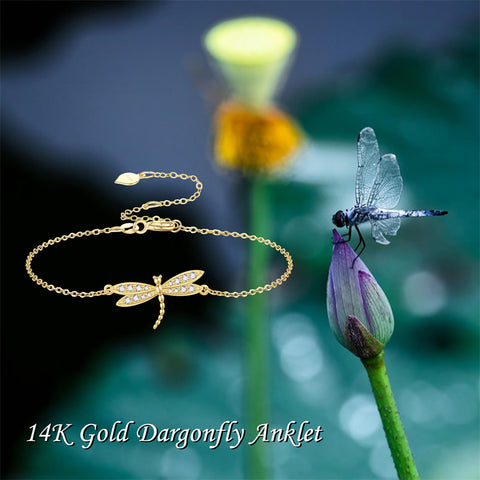 Dragonfly Anklet 14K Solid Gold Dragonfly Anklet Bracelet Summer Beach Jewelry Vacation Gifts for Women Girls Insect Lover