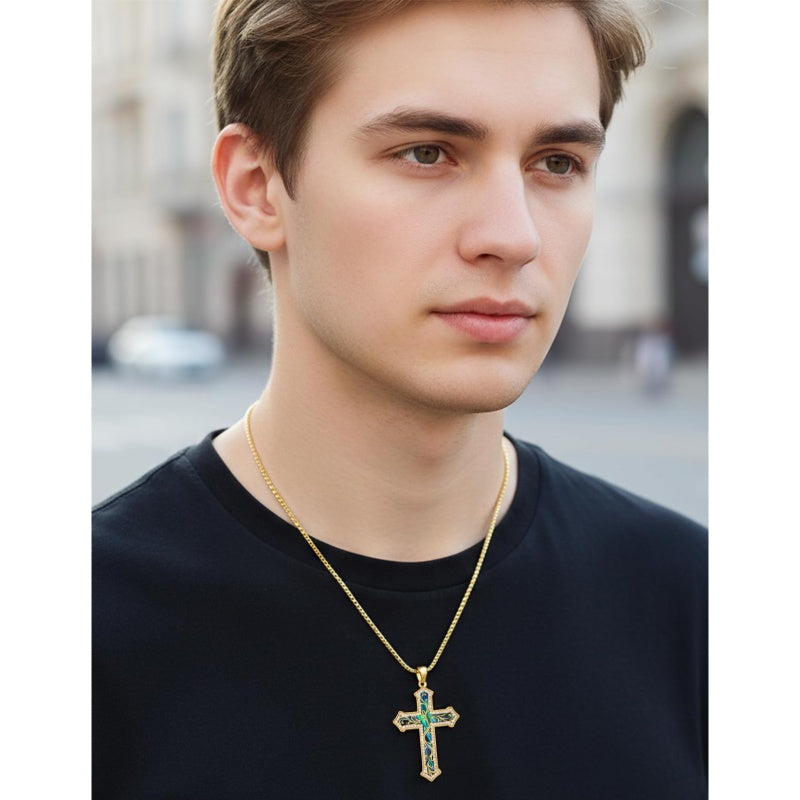 14K Gold Plated Turquoise  Abalone Shell Malachite Wood Filigree Cross Pendant Necklace