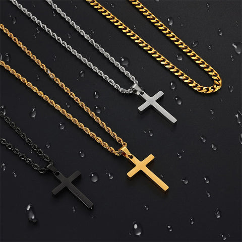 Sterling Silver Layered Cross Necklace for Men with Stainless Steel Cuban Link Rope Chain