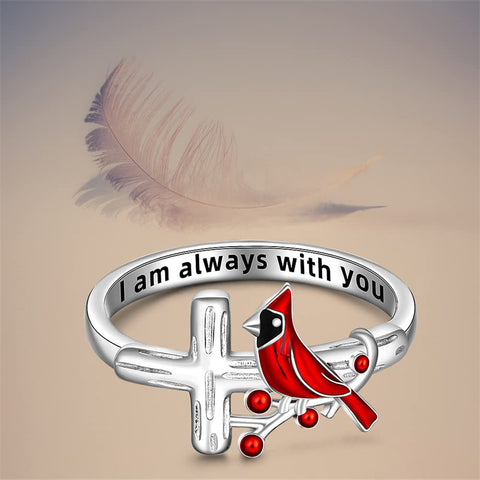 Cardinal Ring for Women Sterling Silver Feather Ring Angel Wing Ring Bird  Memory Rings Red Cardinals Jewelry