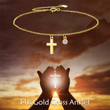 14k Gold Cross Ankle Bracelets Yellow Gold Religious Cross Anklets Fine Gold Adjustable Link Chain Anklet Jewellery Gifts for Women Girls