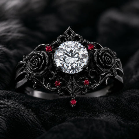 Sterling Silver 10K 14K 18K Gold Moissanite Gothic Black  Engagement Wedding Ring  for Women Halloween Gift