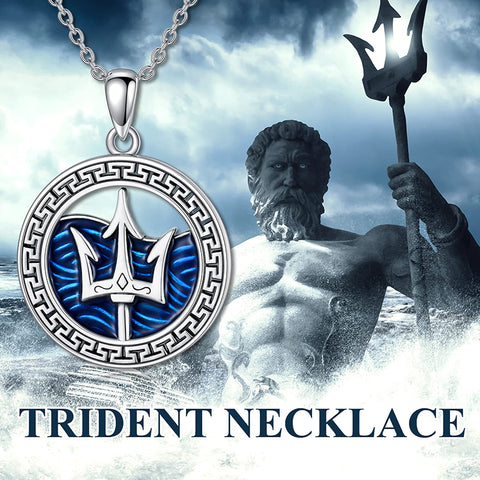 Sterling Silver Trident & Ocean Wave Pendant Necklace