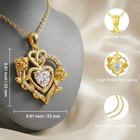 Heart Rose Pendant Necklace for Women  14K Gold Plated Mothers Day  Anniversary Birthday Gift