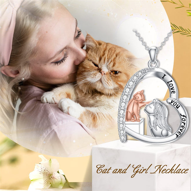 925 Sterling Silver Cat and Girl Necklace Cat Jewelry Gifts for Women Men Cat Lovers for Valentine's Day Birthday