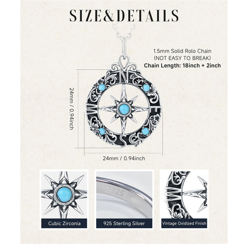 Sterling Silver Turquoise Compass Pendant Necklace Graduation Gifts 2025 Rotating Jewelry