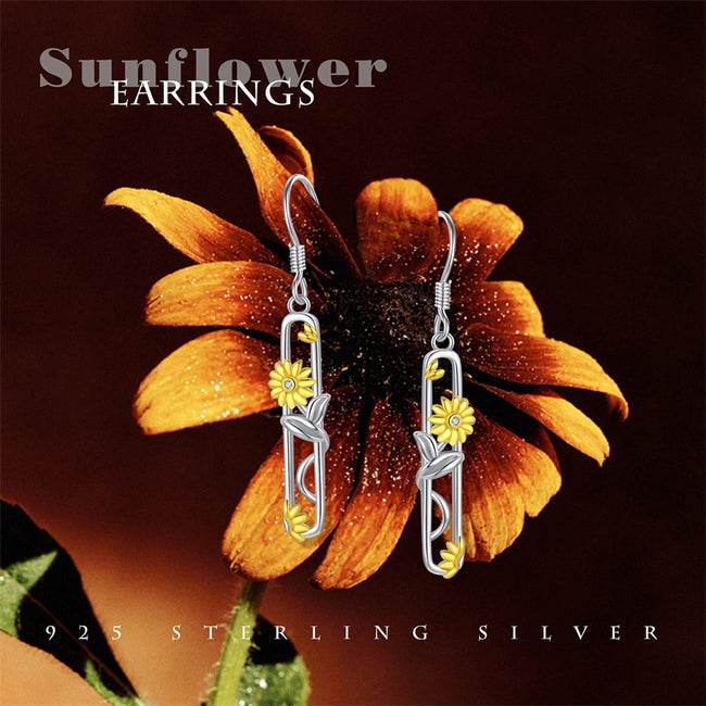 Sunflower Dangle Earrings, 925 Sterling Silver Rectangle Vine Sunflower Drop Earrings,You Are My Sunshine Leverback Earrings Dainty Sunflower Jewelry