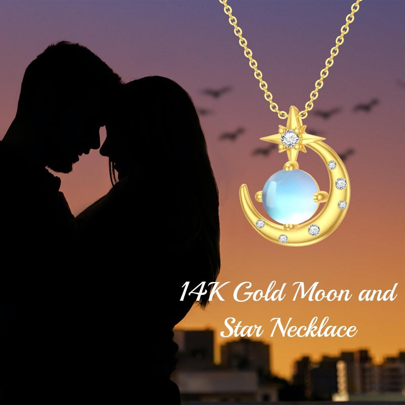 10K 14K 18K Yellow Gold Moonstone Moissanite Moon and Star Necklace Birthday Anniversary Jewelry Gift for Her