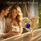 14K Gold Plated Double Heart Birthstone Rose Pendant Necklace for Women