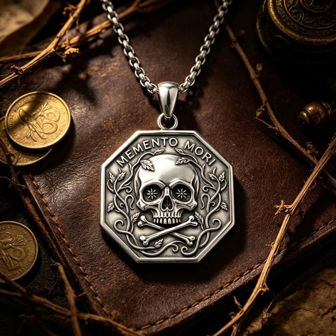 Sterling Silver Memento Mori Gothic Skull Amulet Pendant Necklace for Men