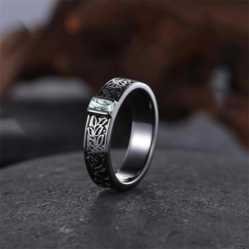 Sterling Silver 10K 14K 18K Gold Natural Leaf  Moss Agate Engagement Anniversary Couple Ring Sets