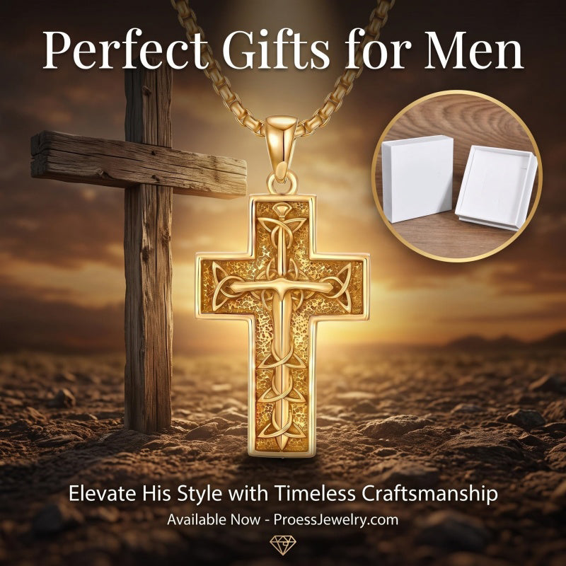 14k Gold Plated Cross Deer Antler Celtic Knot Sword Twisted Rope Cross Pendant Necklace for Men