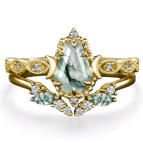 Sterling Silver 2CT Moss Agate  Engagement Wedding Ring Sets for Women