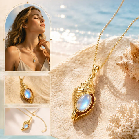 14K Gold Plated Moonstone Octopus Sea Turtle Conch Shell Starfish Seashell Ocean Necklace for Women