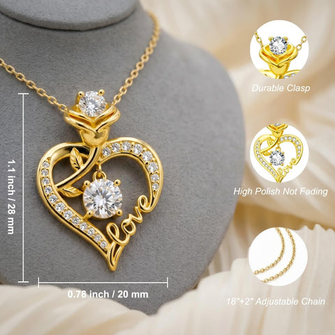 Heart Rose Pendant Necklace for Women  14K Gold Plated Mothers Day  Anniversary Birthday Gift