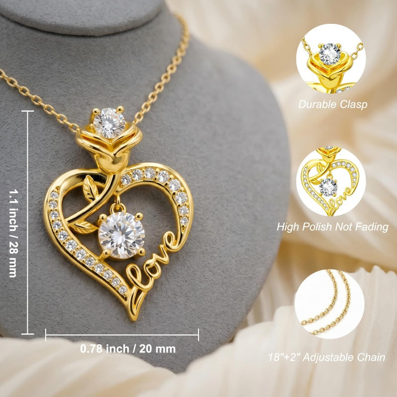 Heart Rose Pendant Necklace for Women  14K Gold Plated Mothers Day  Anniversary Birthday Gift