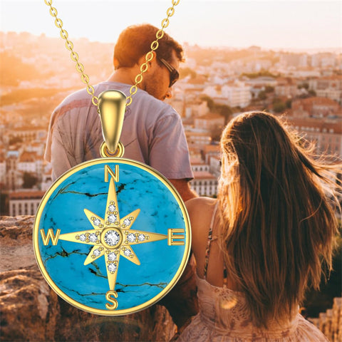 14K Gold Compass Necklace for Women with Turquoise, Graduation Gifts for Daughter Girlfriend Her 16+2 inch