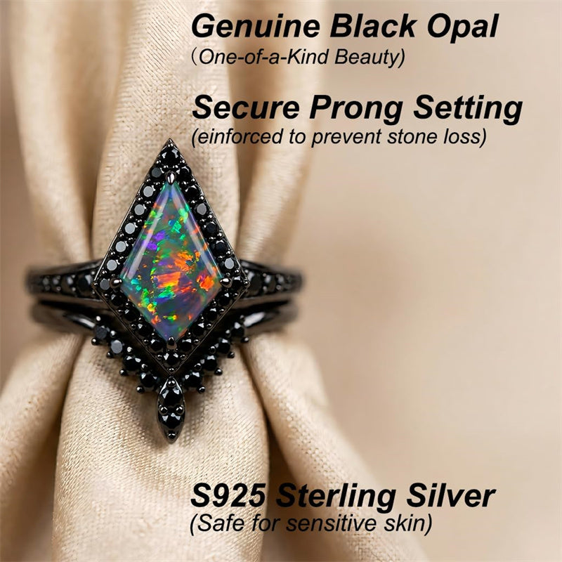 Sterling Silver 10K  14K  18K  Gold Personalized Engraved Black Opal Engagement Wedding Promise Ring for Her