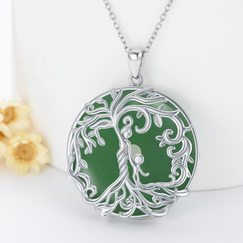 14k Gold Plated Sterling Silver Round Jade Tree of Life Necklace Good Fortune Jewelry for Women