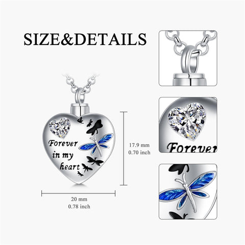 Sterling Silver Cubic Zirconia Dragonfly Heart Urn Necklaces for Ashes