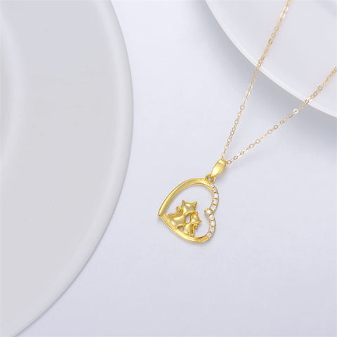 14K Solid Gold Cat Necklace for Women Cat Lover Gift Eternal Love Heart Necklace for Wife Girlfriend Mom