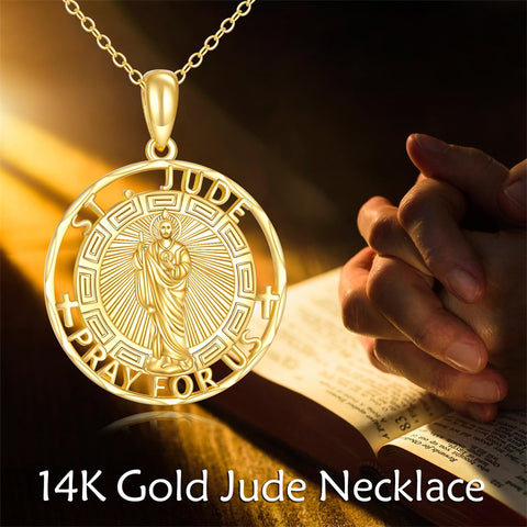 14K Real Gold Patron Saint Necklace Religious Protection Pendant 14K Solid Gold Jewelry Gifts for Men Women