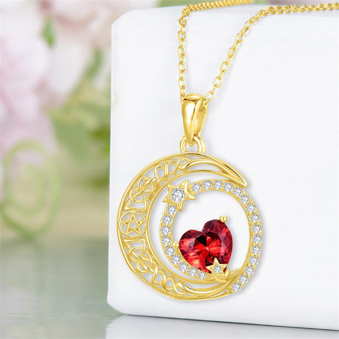 10K 14K 18K Gold Heart Birthstone Moon and Star Pendant  Necklace for Women