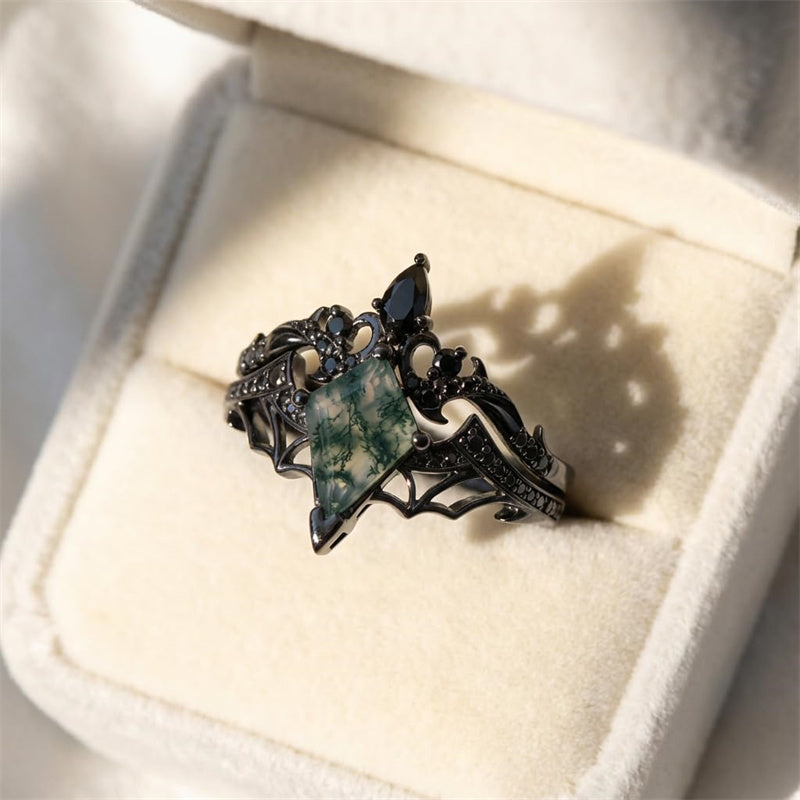 Sterling Silver 10K 14K  18K Gold Personalized Engraved Moss Agate Gothic Promise Wedding Engagement Black Ring Set